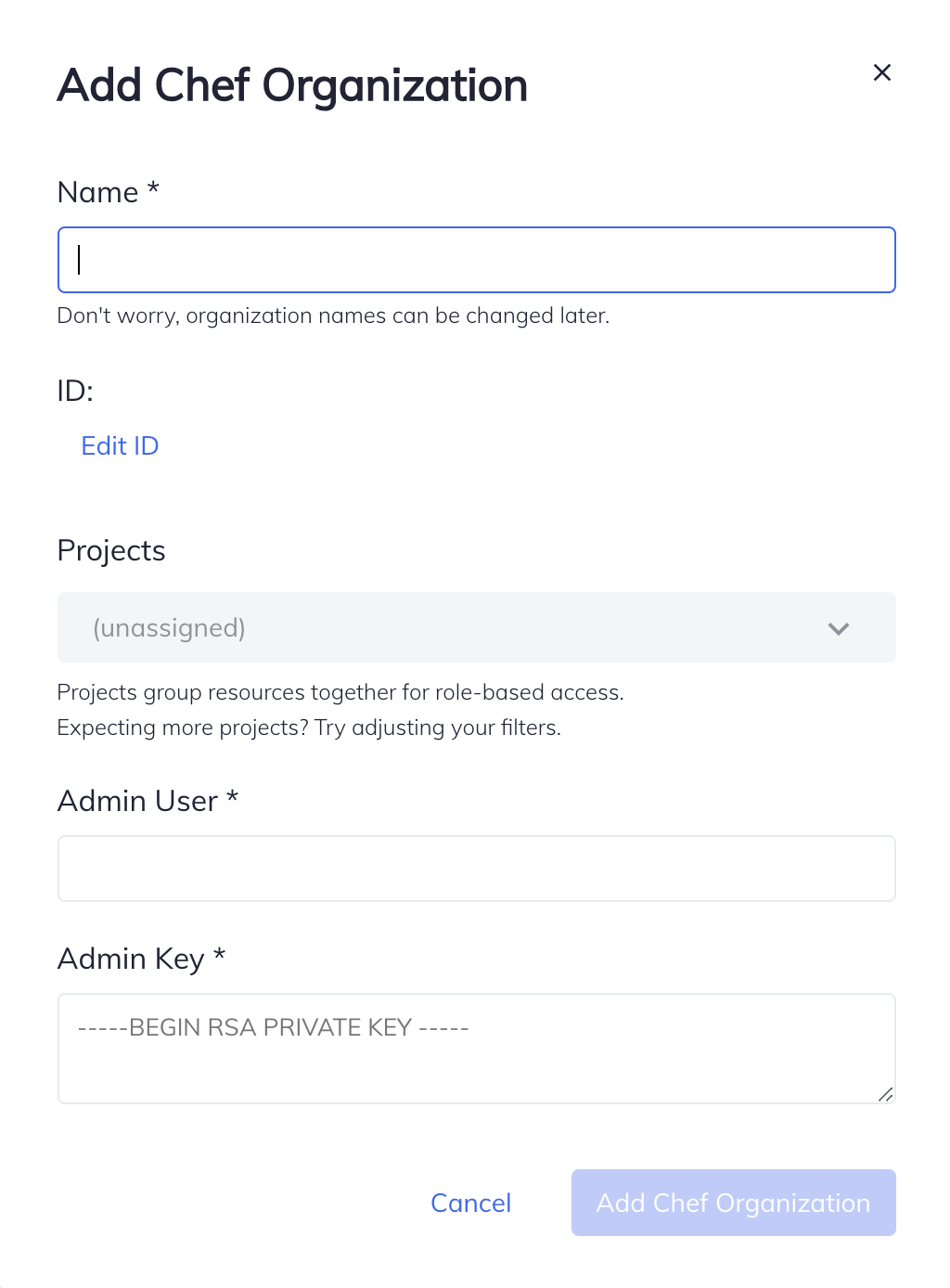 Add Chef Organization dialog with Name, Projects, Admin User, and Admin Key fields.