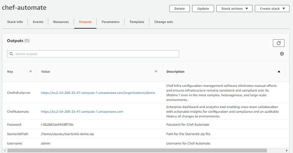AWS CloudFormation Outputs tab listing the ChefInfraServer URL, ChefAutomate URL, Password, StarterKitPath, and Username.