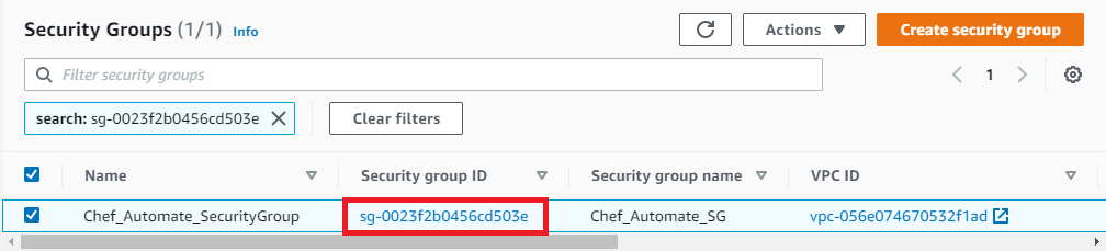 AWS Security Groups list showing Chef_Automate_SecurityGroup with its security group ID sg-0023f2b0456cd503e highlighted.